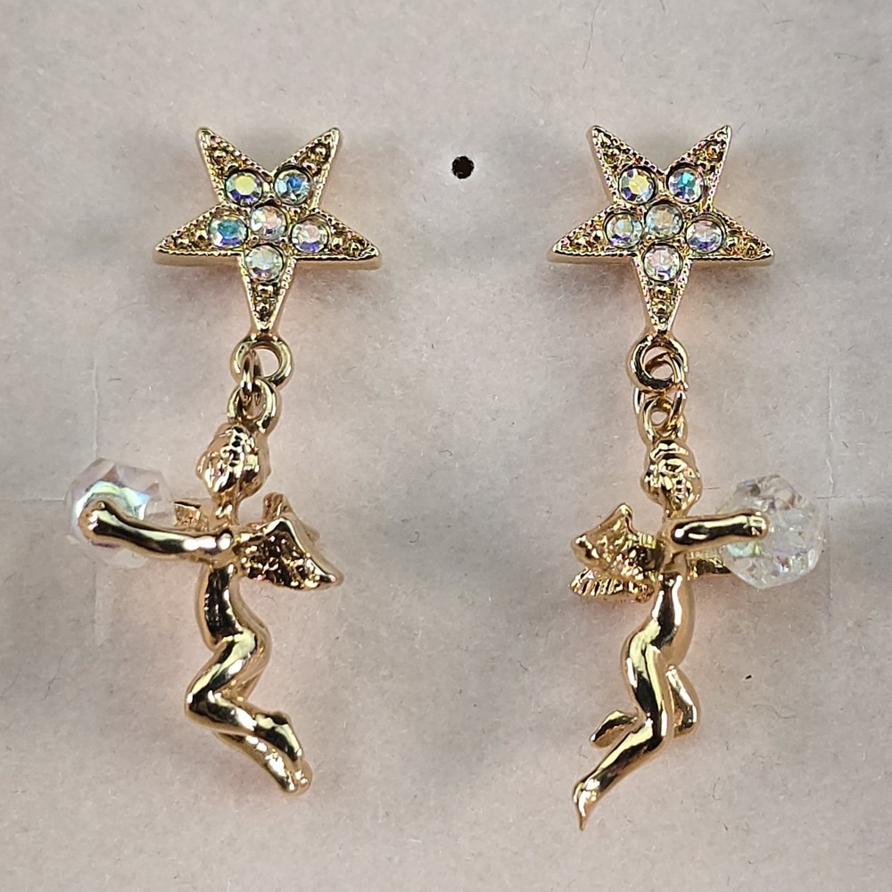 Kirks Folly Angel Star Dangle Earrings Aurora Borealis Crystal w Box